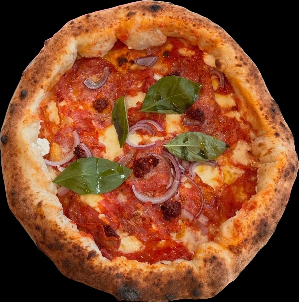Pizza rossa, salami piquant, oignon rouge et basilic, sur une assiette peinte verte